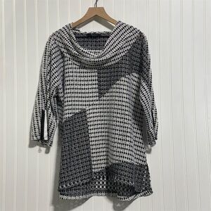 Ali Miles Black White Mesh Crochet Cowl Neck Tunic Artsy Lagenlook Oversized Top